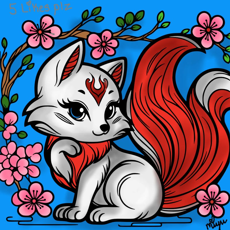 beautiful nine tailed fox japanese, with cherry blossom