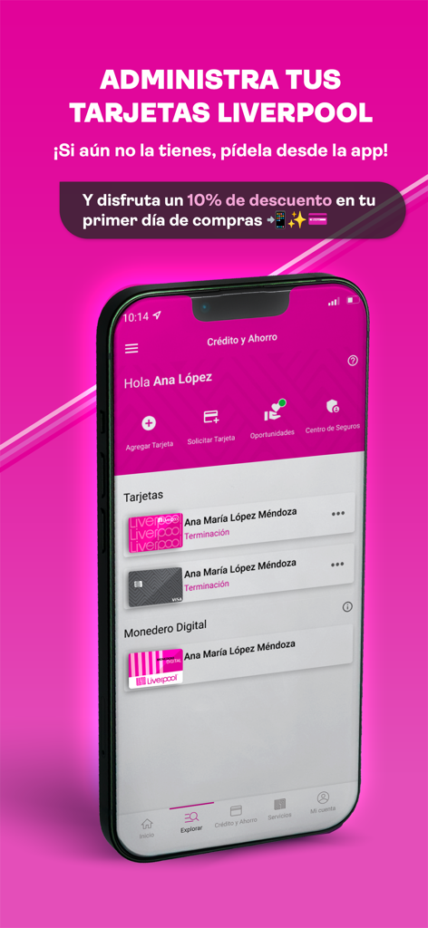 Liverpool: Compra en línea - Liverpool app screen for managing credit cards and digital wallets