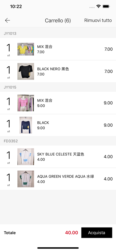 SHIDA FASHION - Shopping cart screen of the SHIDA FASHION wholesale app displaying selected women clothing items with prices and total