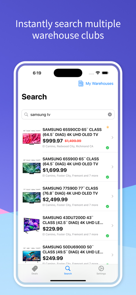 Warehouse Runner app search interface showing price comparisons and clearance deals for Samsung TVs across multiple warehouse locations
