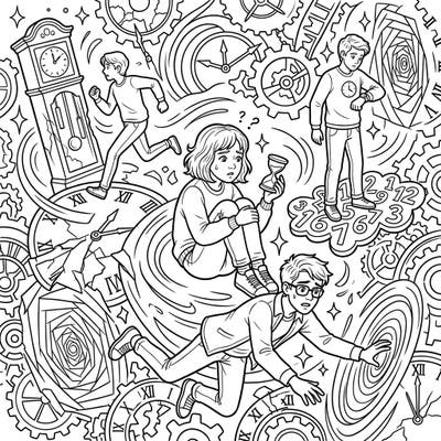 Step into a world where time twists and turns with our 'Time Loop Victims' coloring page, featuring characters caught in endless temporal cycles. This detailed template, adorned with intricate clocks and swirling anomalies, offers a truly immersive coloring adventure.
