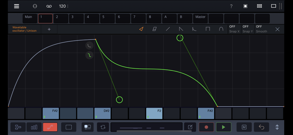 Drambo App-Oberfläche, die die Bearbeitung von modularen Automationskurven mit kubischen Bézier-Anfassern und Sequenznoten zeigt.