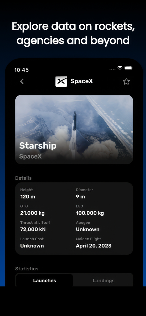LaunchX: Rocket Launch Tracker - LaunchX app interface showing detailed technical specifications for the SpaceX Starship rocket