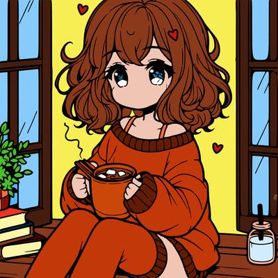 cute anime girl reading book and drinking hot chocolate from mug with loose wavy hair wearing a baggy sweatshirt and shorts sitting by windowsill looking out