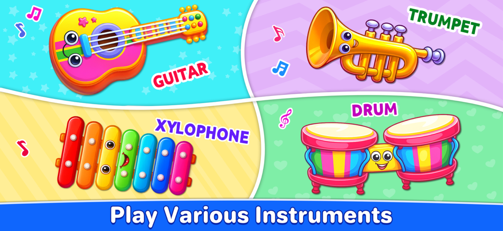 Kids Music: Piano, Xylo, Drums - Instrumentos musicales coloridos de dibujos animados para niños con guitarra, trompeta, xilófono y batería con caras amigables