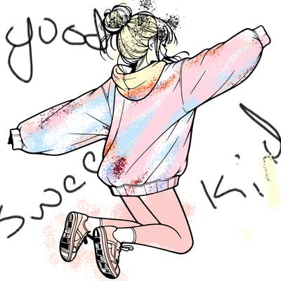 realistic girl jumping with a bun and oversized sweatshirt