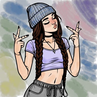 realistic teenage girl with braids and a beanie and crop top doing 🫶🏼
