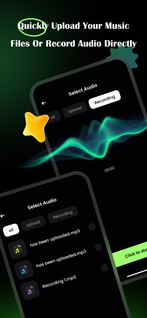 Interface of Mixio Music app showing options to upload local music files or record new audio directly
