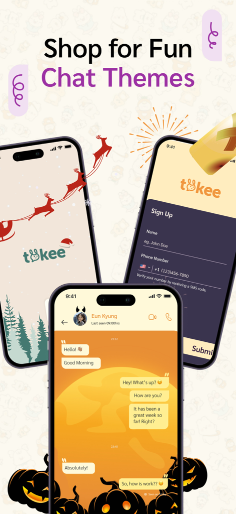 Video Chat — Tokee - Three iPhones showing different colorful chat themes in the Tokee app including Christmas and Halloween designs