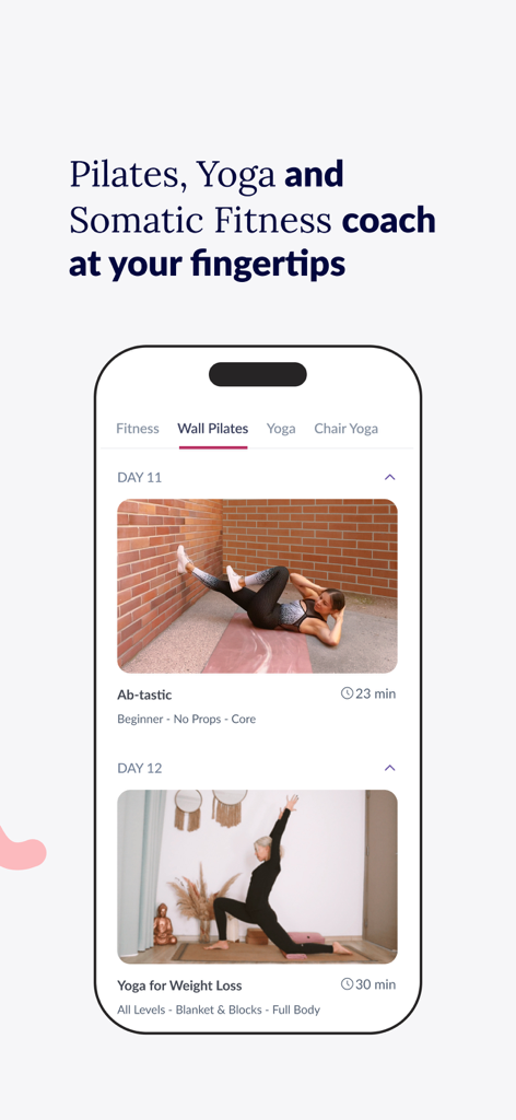 RH Weight Loss and Fitness app screen showing wall pilates and yoga workout routines for women over 40