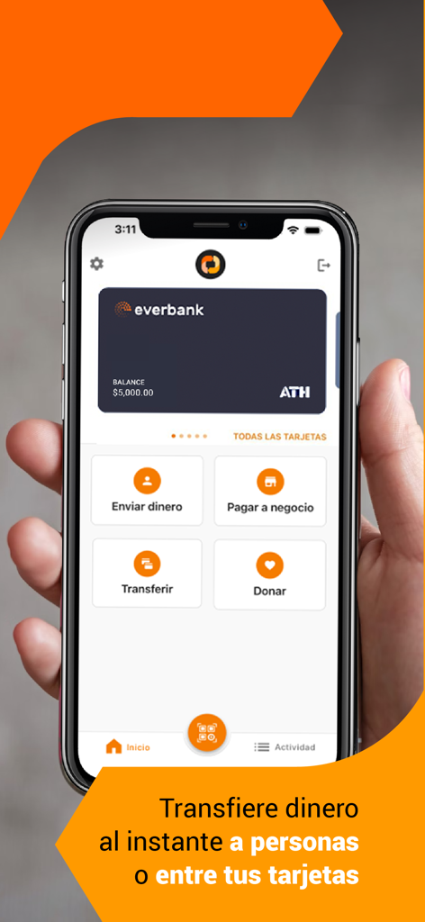 Panel de la app móvil ATH Movil mostrando opciones para enviar dinero, pagar a comercios y transferir fondos al instante.