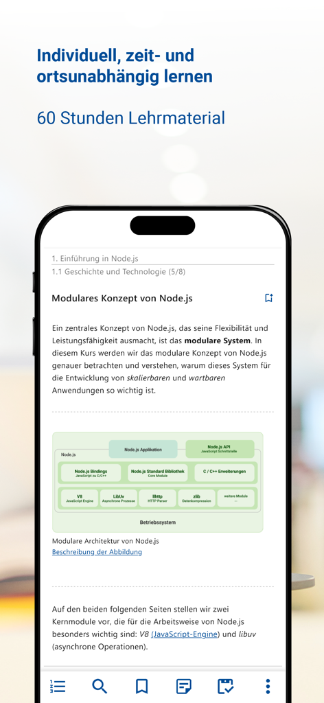 Node.js Kurs & Zertifikat - Lernbildschirm aus der Node.js Kurs-App, der die modulare Architektur von Node.js zeigt