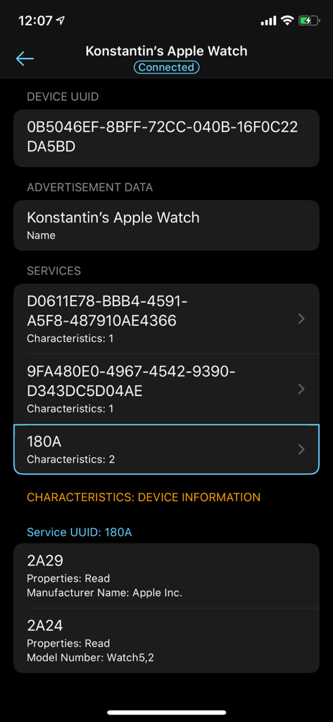 Detailed BLE information of a connected Apple Watch showing UUID services and characteristics