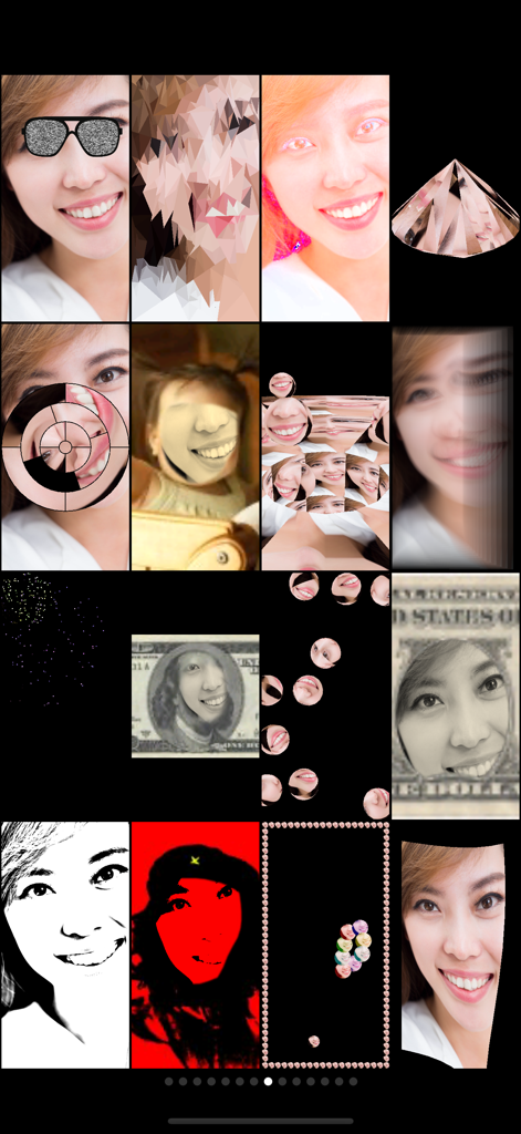 Uma grade mostrando vários filtros de fotos engraçados e distorcidos e efeitos em tempo real.