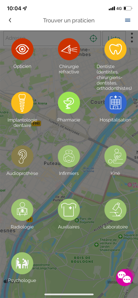 Santé WTW - Interface cartographique dans l'application Santé WTW présentant des icônes catégorisées pour localiser des professionnels de santé tels que dentistes, pharmacies et hôpitaux.
