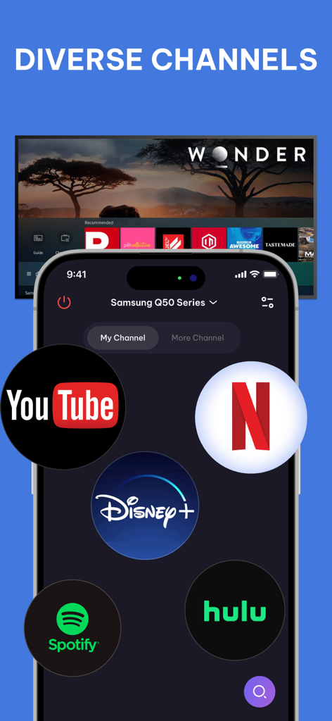Universal TV Remote Voice AI - iPhone mostrando la aplicación Control Remoto Universal con iconos de servicios de streaming como Netflix Disney plus y Hulu sobre un fondo de Smart TV