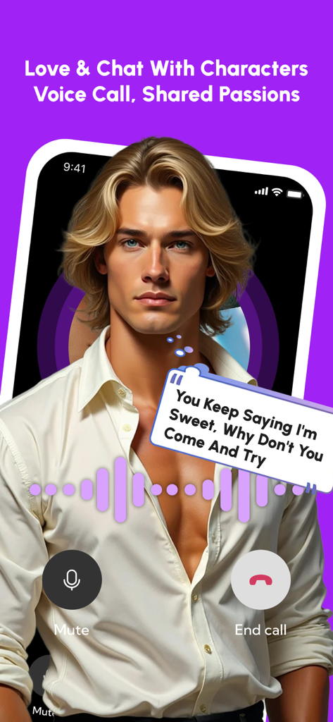Mobile app interface showing a voice call with an AI male character on DeepLove AI