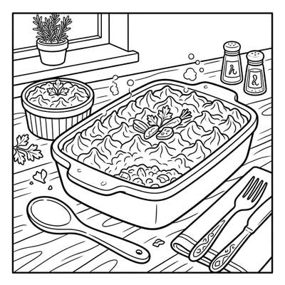 Get ready to color a warm and inviting Shepherd's Pie, fresh from the oven! This delightful page is perfect for young artists to bring a classic comfort food to life with their favorite colors.