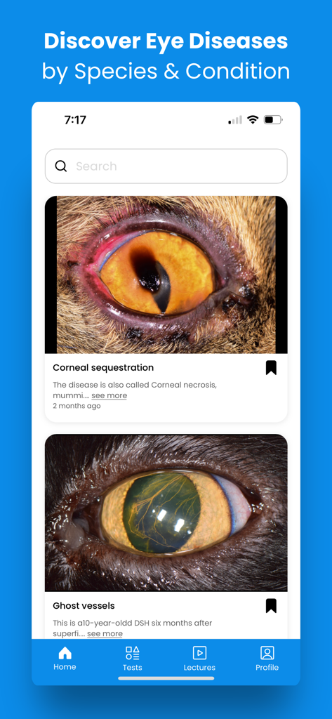 VetEye - VetEye app interface showing a searchable library of animal eye diseases with clinical images of corneal sequestration and ghost vessels.