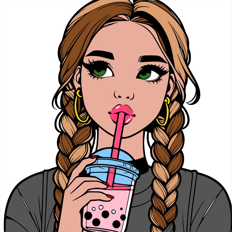 realistic girl with braided hair drinking boba