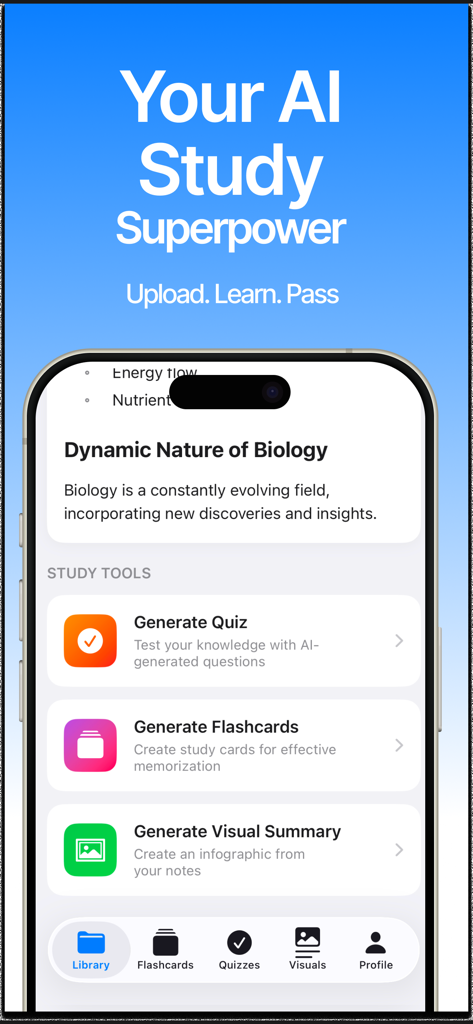LectureScribe app interface showing AI tools for generating study quizzes and flashcards.
