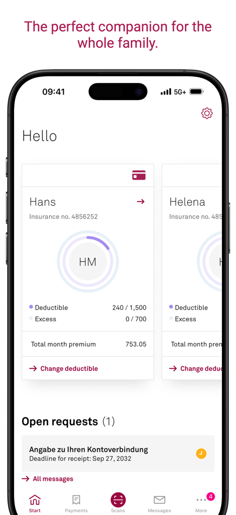 Dashboard dell'app mobile myHelsana che visualizza le informazioni sull'assicurazione familiare, inclusa la franchigia e lo stato del premio mensile