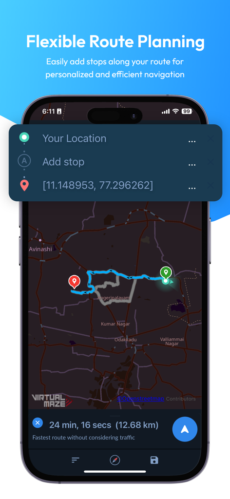 Offline map app showing flexible route planning with multiple stops.