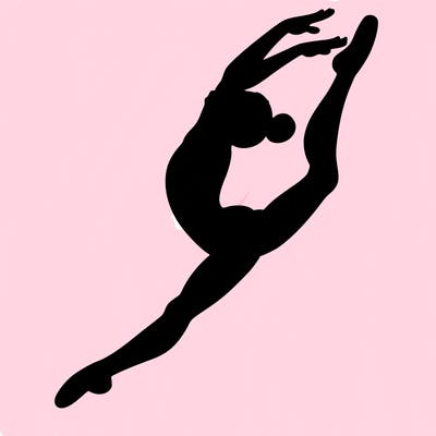 gymnast doing a leap in a leotard with a bent back leg