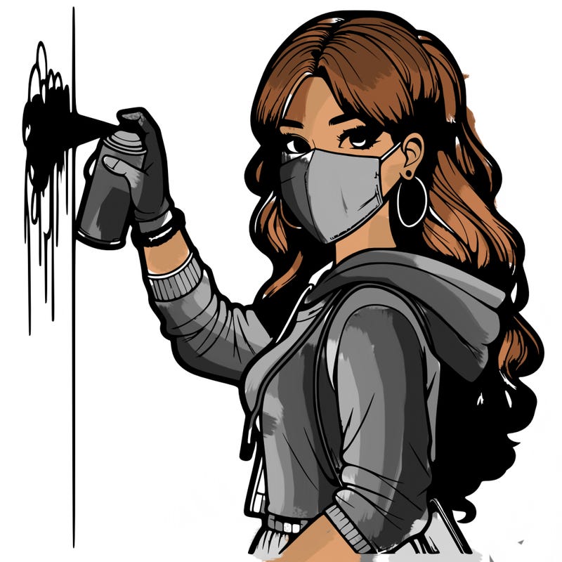 realistic girl with mask spray painting a wall