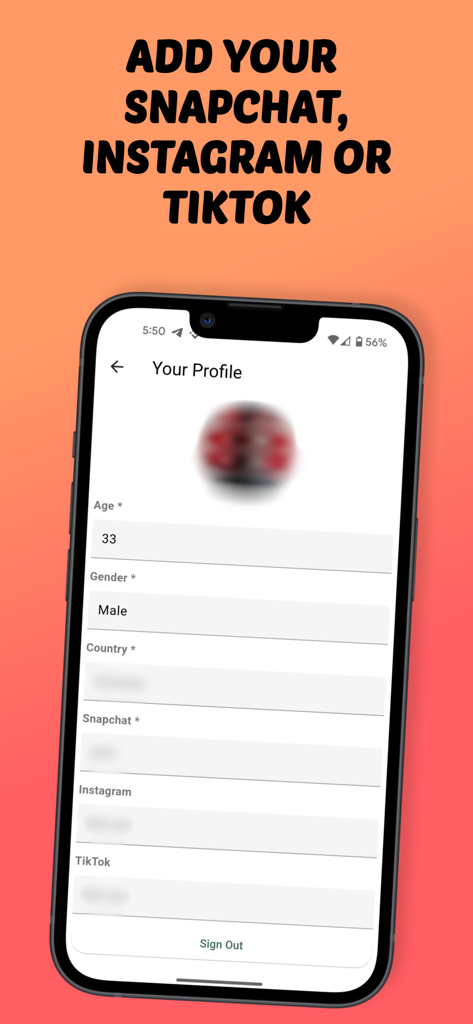 AddMeS - make new friends - Profile setup screen in the AddMeS app showing fields for age, gender, and social media handles for Snapchat, Instagram, and TikTok.