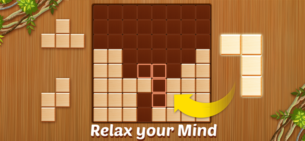 Wood Blast - Wood Block Puzzle - Wood Blast block puzzle gameplay screen with wooden textures and Relax your Mind text