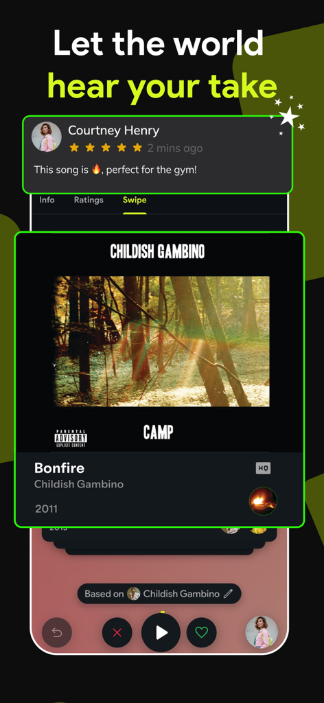 Swipefy app interface showing a song review for Childish Gambino and music discovery swipe feature.