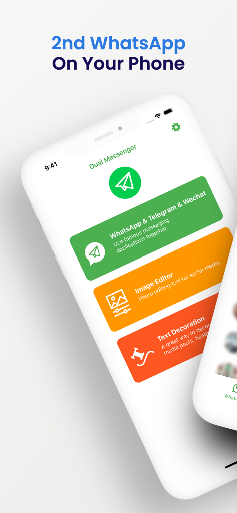 Messenger Web Dual for WA - Pantalla de smartphone mostrando el menú principal de Messenger Web Dual para WA con opciones para múltiples cuentas y edición de fotos