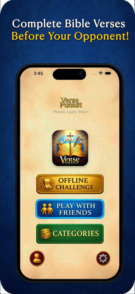 Verse Pursuit - Menú principal de la aplicación Verse Pursuit que muestra modos de juego como Desafío sin conexión y Jugar con amigos