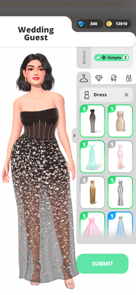 Glow Fashion Idol - Bildschirm zur Charaktergestaltung in Glow Fashion Idol, der ein Thema für Hochzeitsgäste mit einem glitzernden schwarzen Kleid und einer Auswahl an Kleidern zeigt