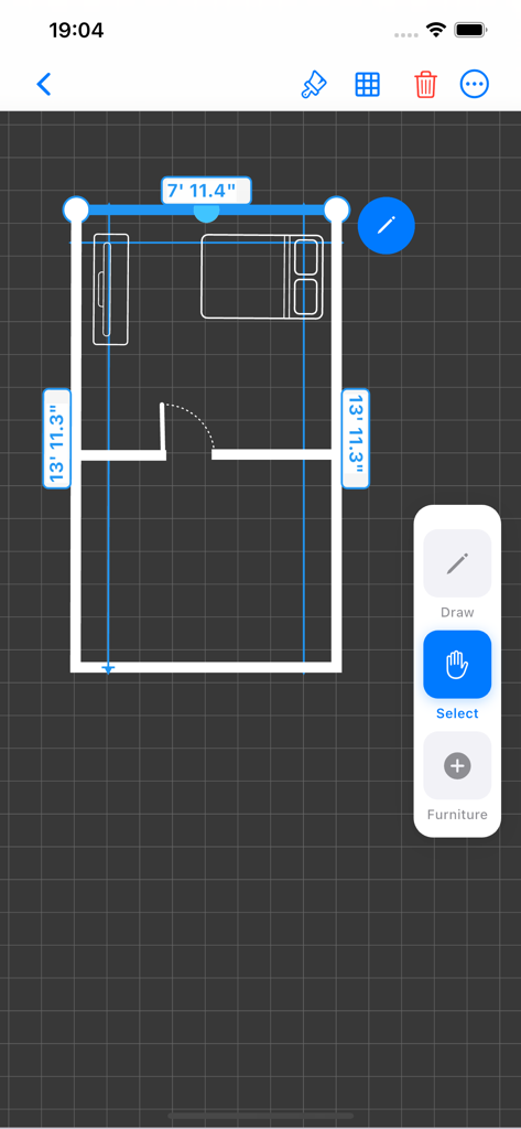 Um desenho de planta baixa de quarto 2D mostrando o posicionamento de móveis e dimensões de cômodos em um fundo de grade