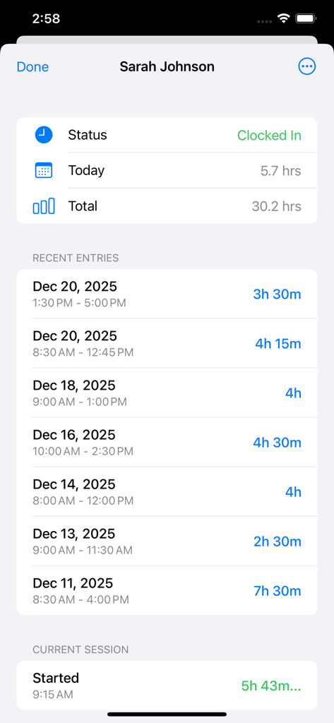 총 근무 시간 및 최근 기록 목록을 보여주는 개별 직원 시간 추적 대시보드의 상세 보기