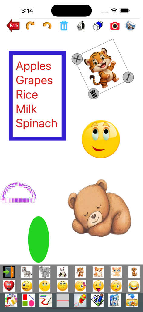 NotePad-Pro - NotePad-Pro app screen with a grocery list animal stickers and colorful shapes