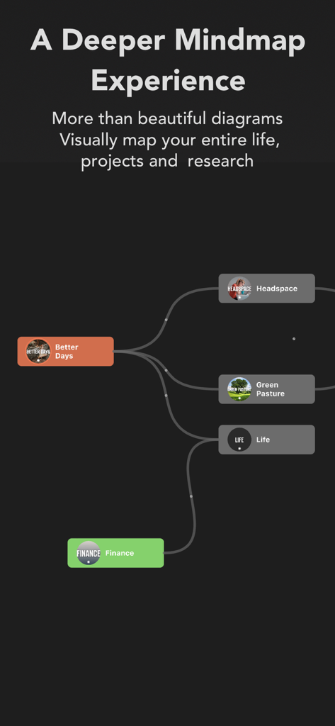 A visual mind map interface in the Inclr app showing category nodes for Finance, Life, and Headspace on a dark background.
