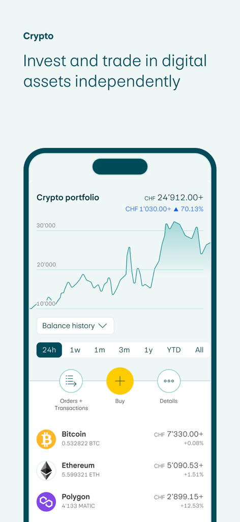 PostFinance app interface showing crypto portfolio with line chart and digital asset trading options