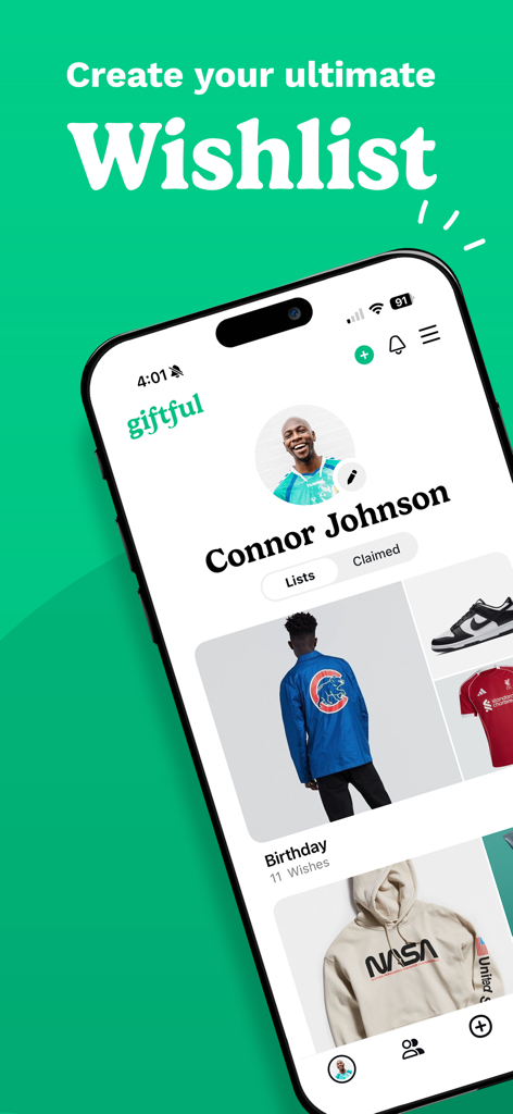 Giftful - Wishlist & Registry - Écran de smartphone montrant un profil d'utilisateur et une liste de souhaits d'anniversaire dans l'application Giftful