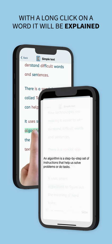 Text Simplifier VPP - Captura de pantalla de la aplicación Text Simplifier VPP que muestra una definición simple al mantener presionado una palabra difícil