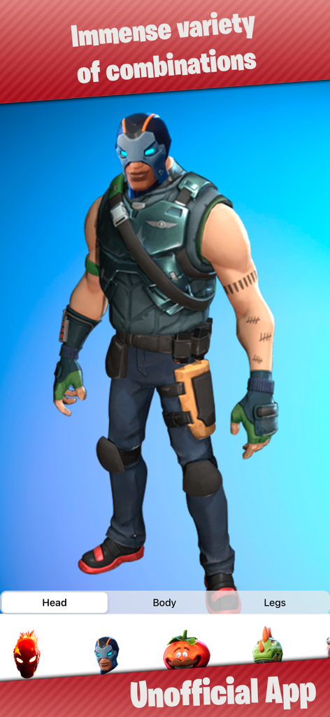 A screenshot of the Skin Creator for Fortnite app showing character skin customization options.