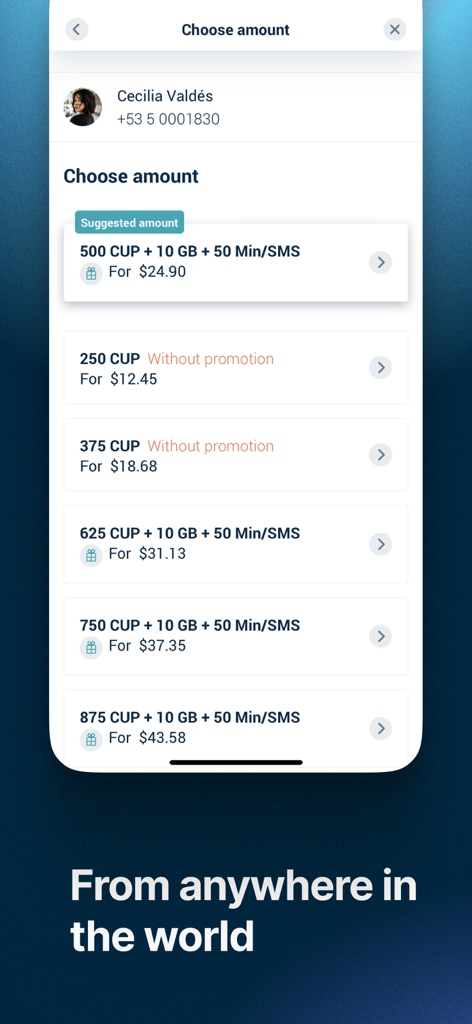 Interface do app Fonoma mostrando vários valores de recarga e promoções Cubacel para um contato em Cuba