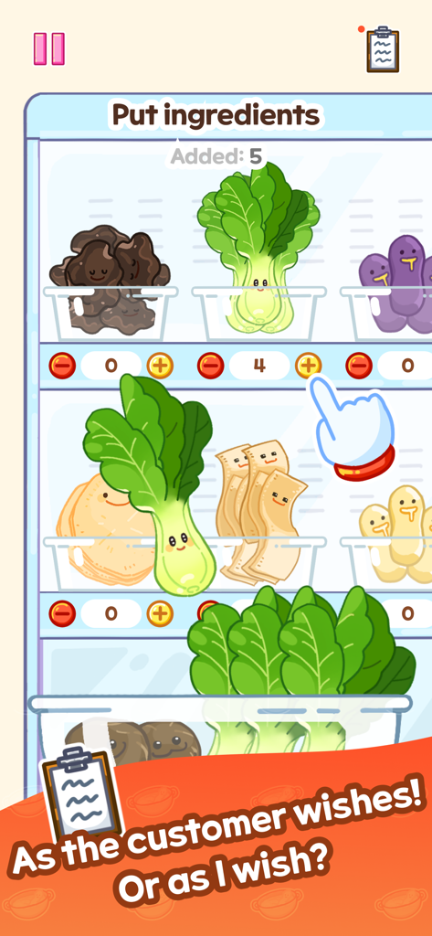 A cute game interface showing a shelf of cartoon vegetables with smiling faces being selected for cooking