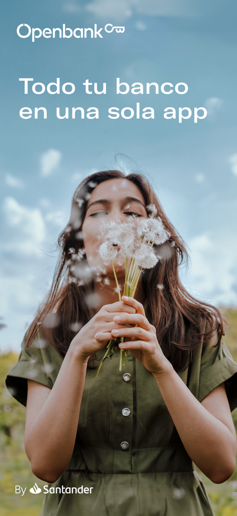 Mujer soplando dientes de león con marca Openbank y texto en español Todo tu banco en una sola app