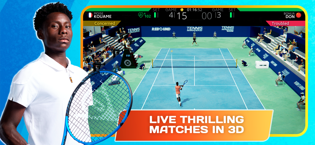 Tennis Manager 25 - MY PLAYER - 실시간 점수와 통계가 표시된 선수와 코트에서 테니스를 보여주는 3D 테니스 경기 시뮬레이션