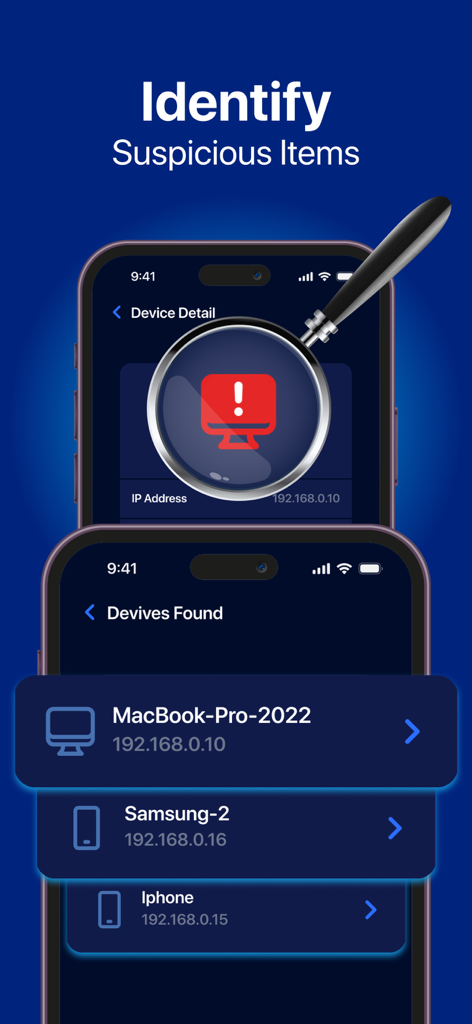 ProtectMe 360 - Web Security - ProtectMe 360 app interface showing a network scan identifying suspicious connected devices with a magnifying glass
