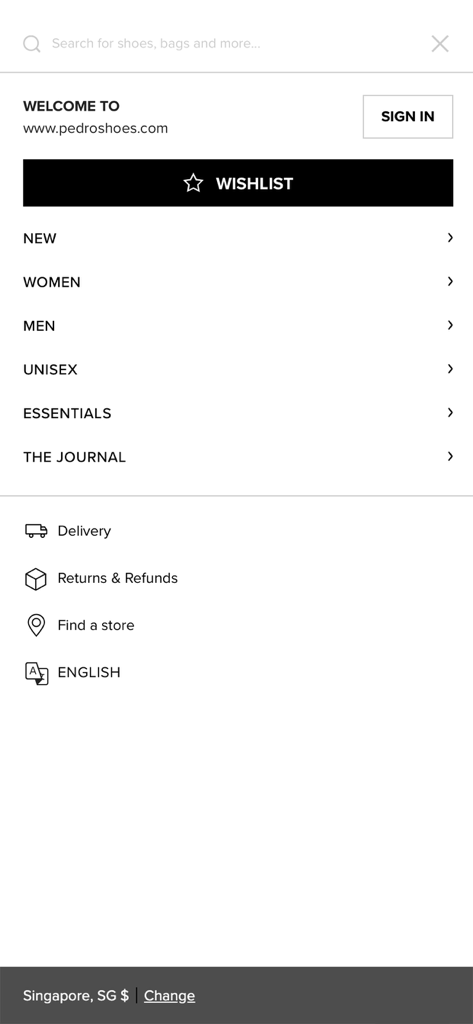 PEDRO - Side navigation menu of the PEDRO mobile app showing fashion categories and user options