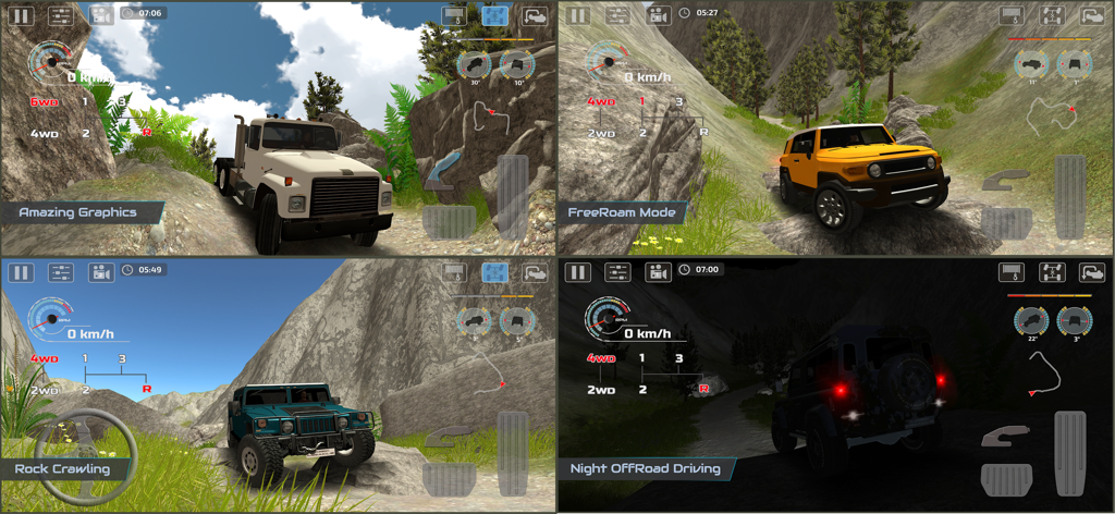 OffRoad Drive Pro - A collage showing four different gameplay modes and vehicles in OffRoad Drive Pro including rock crawling and night driving.